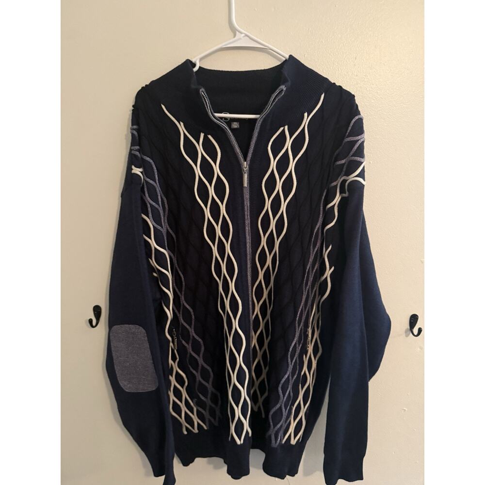 Silversilk 3XL Full Zip Knit Sweater Navy Textured Elbow Patch Dad Style